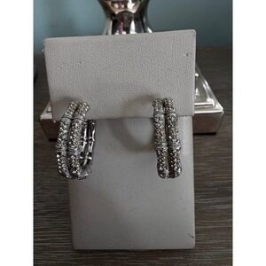 Vintage Silver Tone Bamboo Rhinestone Hoop Earrings Double Row Champagne Clear